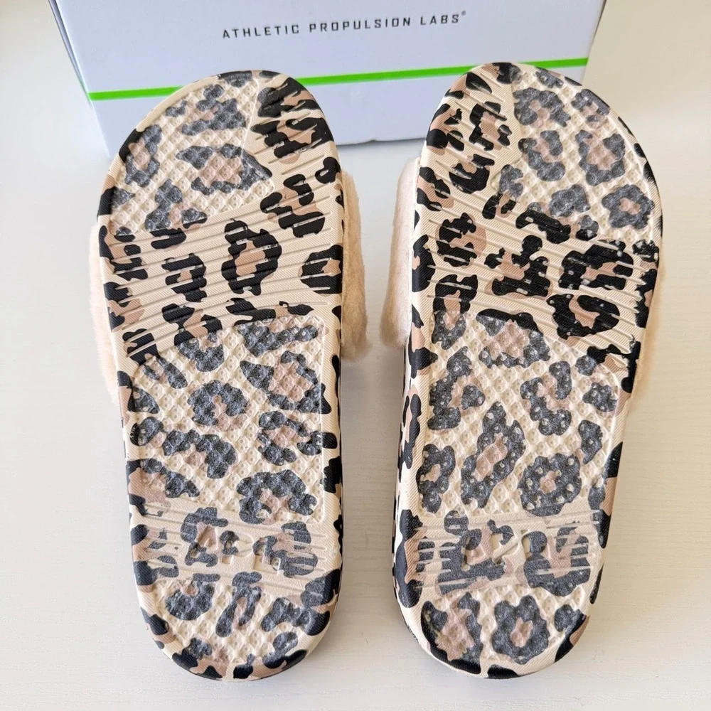 New! APL Beige Fuzzy Slide Sandals with Leopard Trim and Black Logo, Size 7